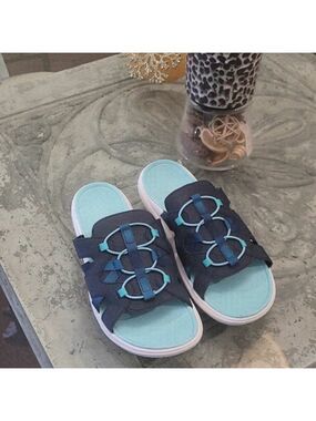 Lands End Womens Slides Water Sandals Blue White Lightweight Slip Ons 11